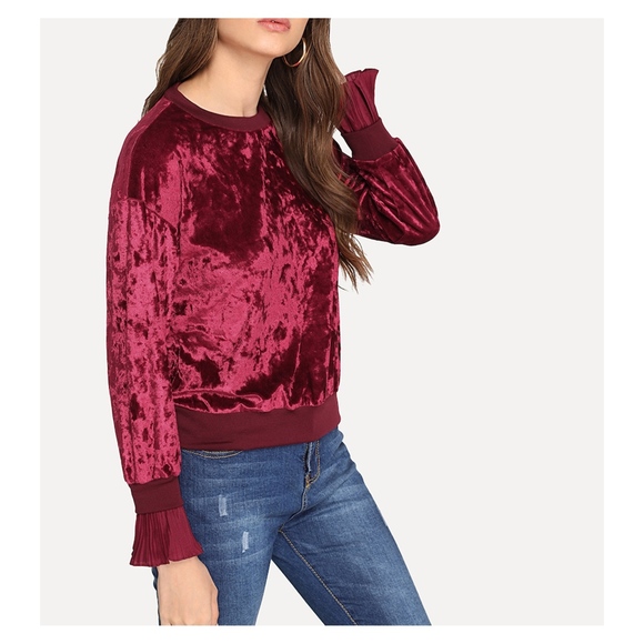 Burgundy Red Long Sleeve Crushed Velvet Sweatshirt - Picture 3 of 5